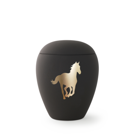 Schwarze Urne mit Pferd